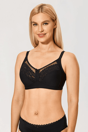 Front view of cotton full cup lace bra with floral upper cups in nude shade - MissFine