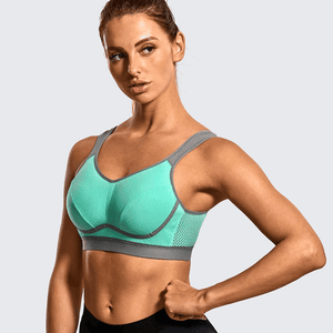 Front view of plus size mint and gray wirefree padded sports bra with full coverage cups - MissFine
