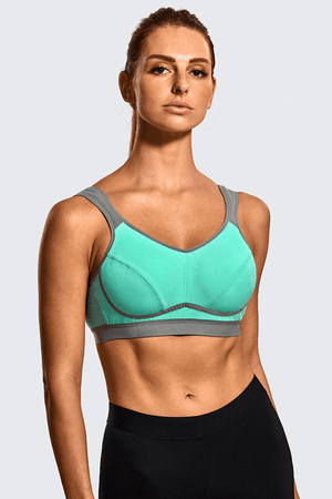 Back view of teal and gray pull-on sports bra with standard adjustable straps - MissFine