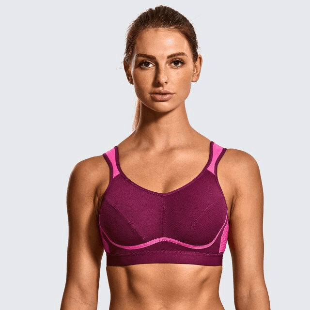 Side angle showing molded cups and breathable mesh panels on green and gray sports bra - MissFine