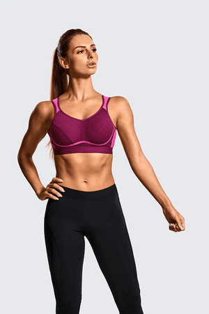 Close-up of magenta full cup sports bra showing smooth padded cups and wide underband - MissFine