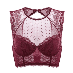 Front view of burgundy longline bra with floral lace and front hook detail - MissFine