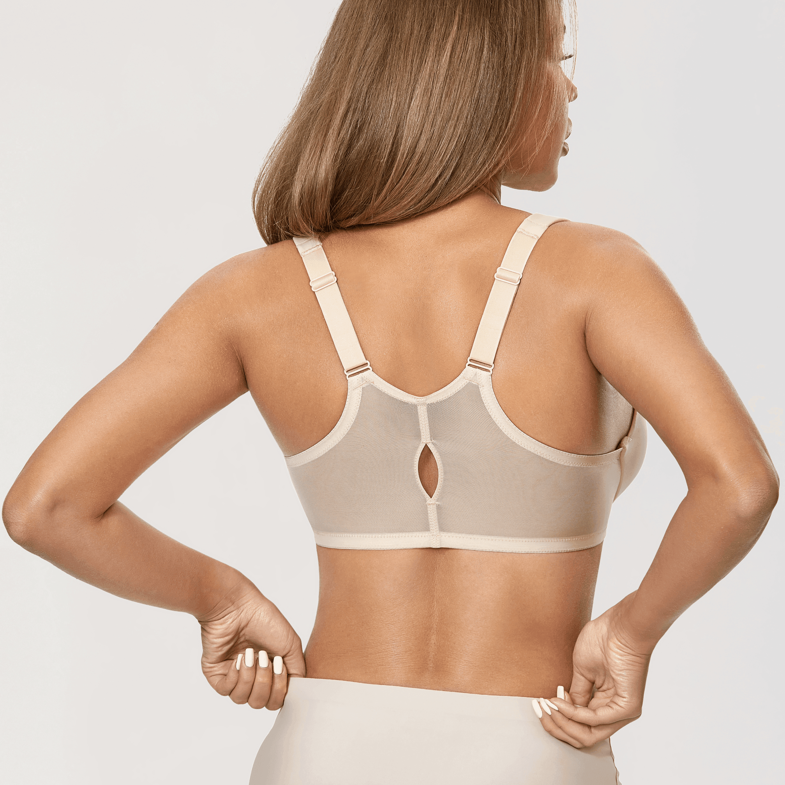 Side angle showing lightly padded t-shirt style cup and wide adjustable strap on nude bra - MissFine