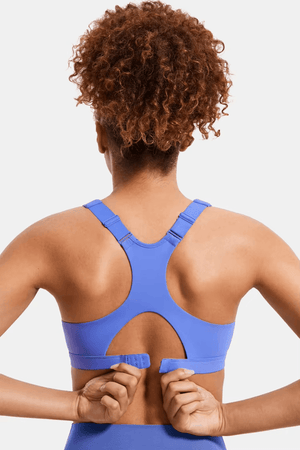 Close-up of taupe front zipper and matte seamless fabric on padded full cup sports bra - MissFine