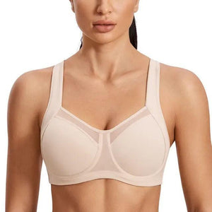 Front view of nude full cup sports bra with V-neck mesh insert and smooth molded cups - MissFine