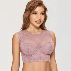 Front view of lace longline full cup padded underwired bra in white - MissFine