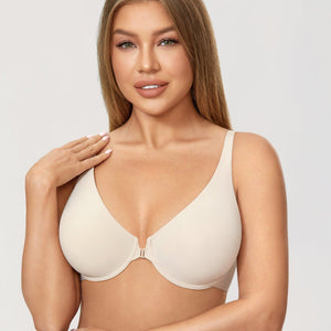 Front view of nude seamless t shirt bra with molded full coverage cups and front closure - MissFine