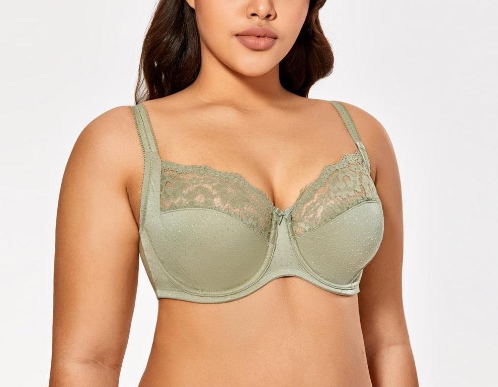 Side angle of plus-size model wearing olive green underwired padded bra showing smooth cup profile - MissFine