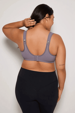 Back view of mauve sports bra with wide straps and multi-row hook-and-eye back closure - MissFine