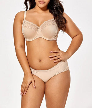Close-up of lace neckline and center bow detail on full coverage molded cup bra - MissFine