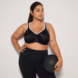 Front view of black full cup padded sports bra with white trim and wide underwire band - MissFine