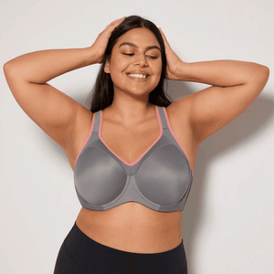 Front view of grey full cup sports bra with pink trim and molded underwired cups - MissFine