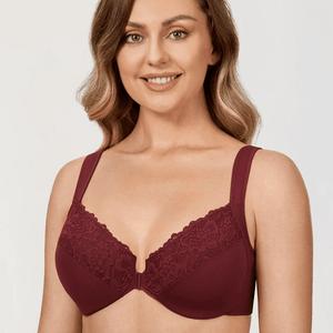 Angled close-up of burgundy bra front closure and scalloped lace neckline - MissFine