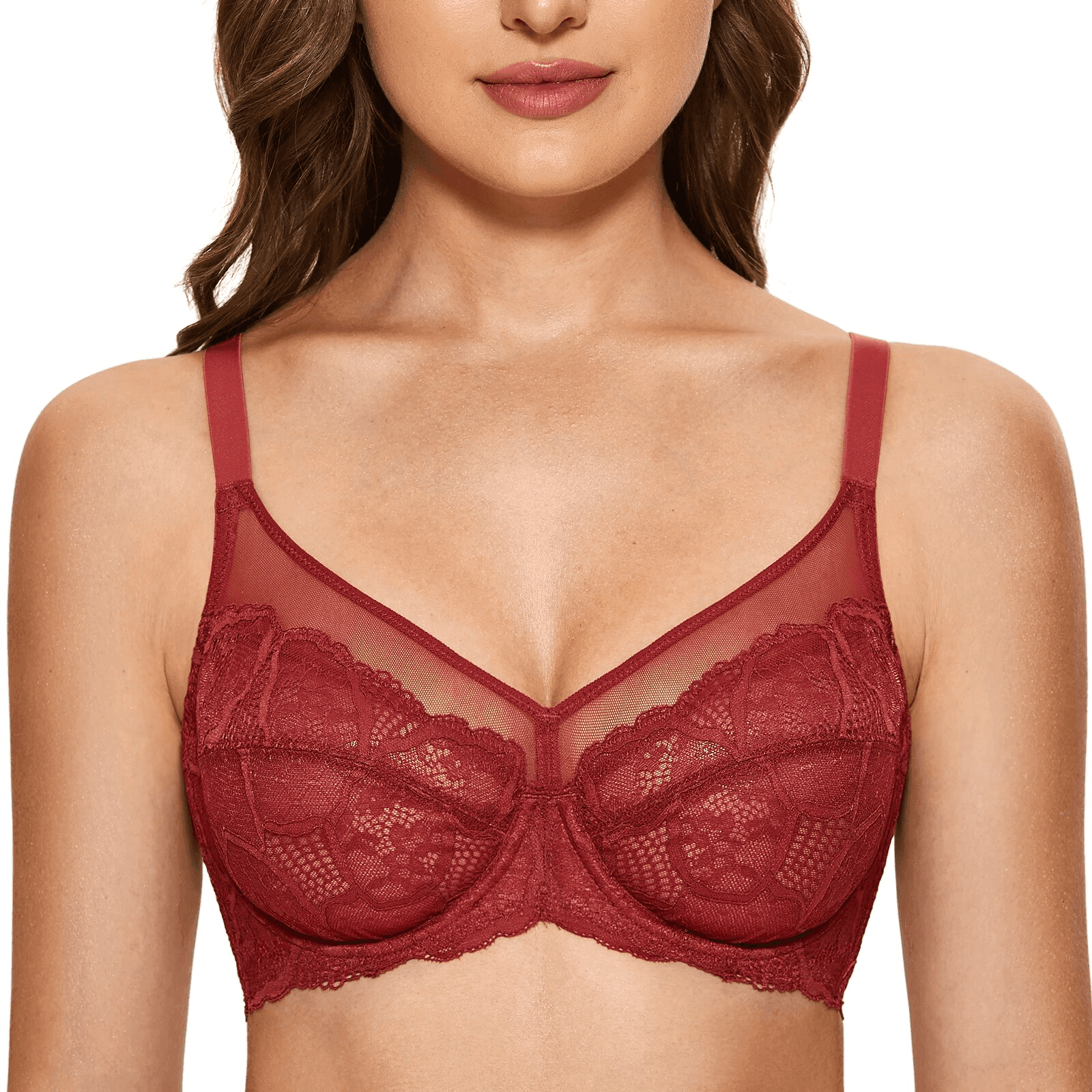 Side angle showing seamed lace cups and adjustable straps on full coverage bra - MissFine