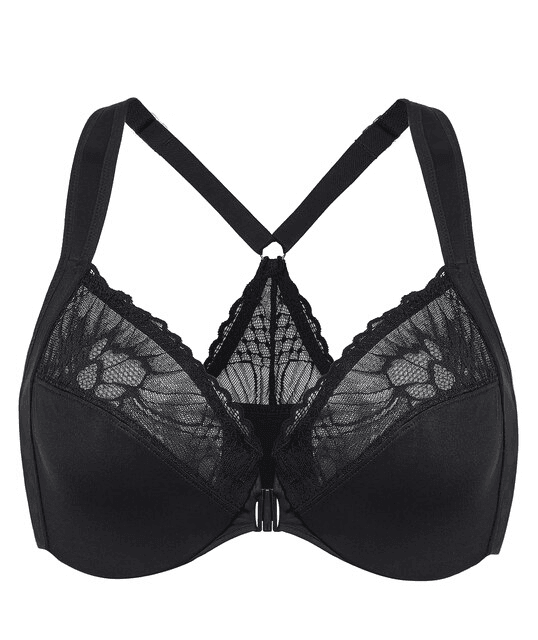 Side angle showing underwire support, wide-set adjustable straps and full coverage black cups - MissFine