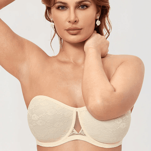 Front view of light pink seamless strapless bra with lace overlay cups - MissFine