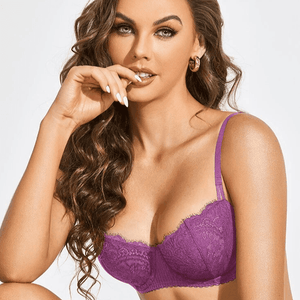 Front view of purple lace underwired padded bra with demi cups and plunge neckline - MissFine