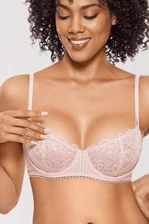 Front view of nude lace underwired padded bra with scalloped trim and demi coverage - MissFine