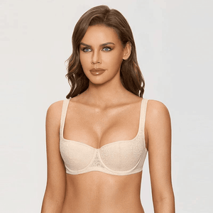 Angled side view showing demi cup coverage and adjustable shoulder straps - MissFine