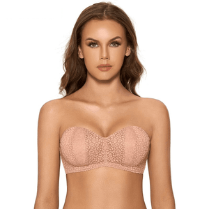 Front view of nude seamless strapless bra with lace overlay and molded cups - MissFine