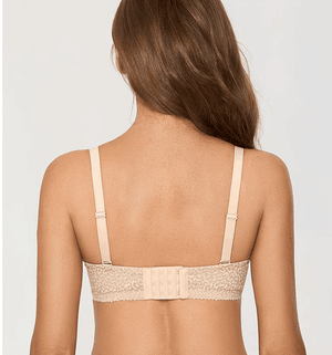 Close-up of floral lace texture on seamless strapless bras in nude and black - MissFine