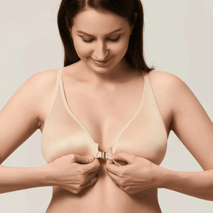 Side angle of nude full coverage front closure bra showing smooth t-shirt cups - MissFine