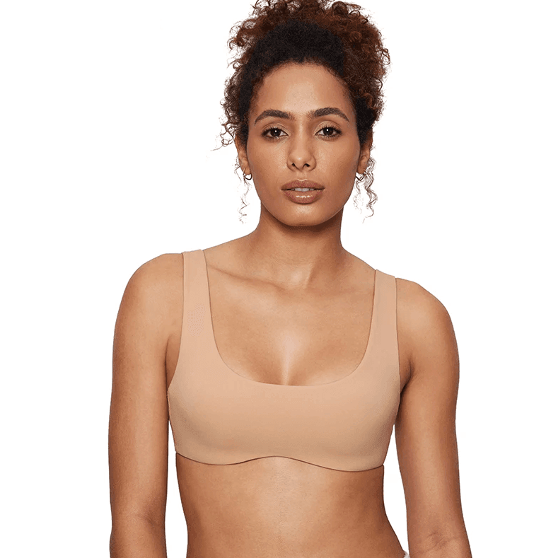Front view of beige padded sports bra with smooth molded cups and scoop neckline - MissFine