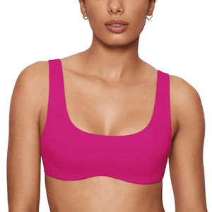 Front view of fuchsia pink wireless padded yoga bra with seamless finish and wide straps - MissFine