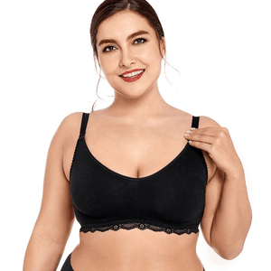 Front view of black plus size bra showing wide padded straps and smooth cups - MissFine