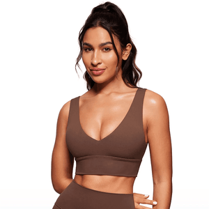 Front view of brown seamless padded sports bra with V-neckline and wide straps - MissFine