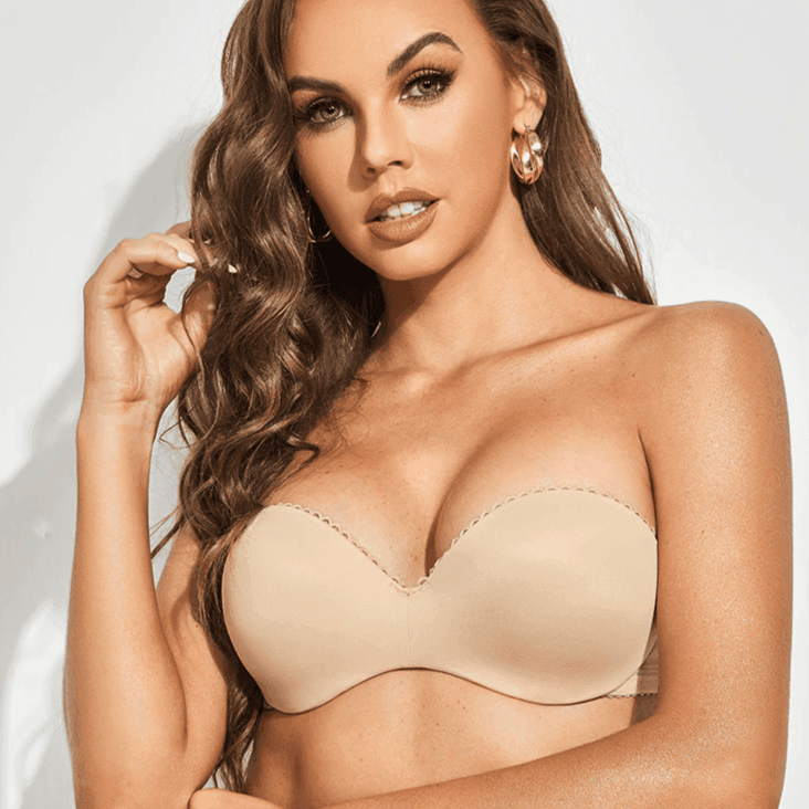 Side angle of nude strapless push up bra showing smooth seamless band and underwire support - MissFine