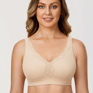 Front view of beige wire-free full cup lace bra with wide adjustable straps - MissFine