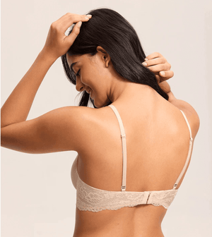 Back view of nude bra with lace band, adjustable straps and hook-and-eye back closure - MissFine
