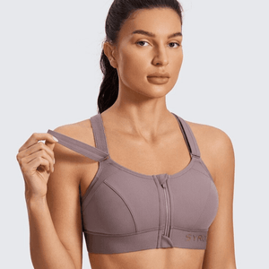 Side angle of nude front closure sports bra showing wide adjustable straps and smooth band - MissFine