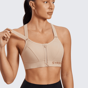 Back view of mauve racerback sports bra with wide back panel and hook-and-eye closures - MissFine