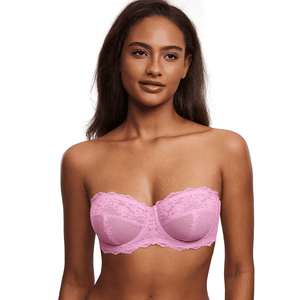 Front view of light pink lace-trim seamless strapless bra with balconette cups - MissFine