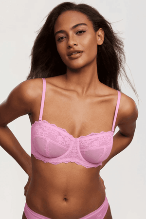 Front view of white padded strapless bra with lace overlay and demi balconette shape - MissFine