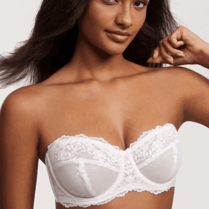 Side angle of pink balconette seamless strapless bra showing padded underwire cups - MissFine
