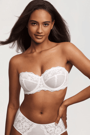 Back view of black strapless bra with hook-and-eye closure and lace-edged band - MissFine