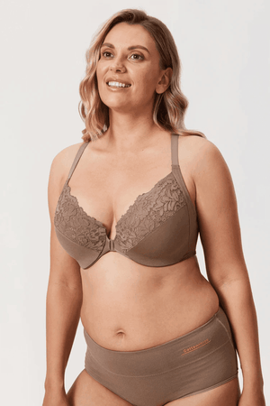 Close-up of front hook-and-eye closure and floral lace detailing on upper cups - MissFine