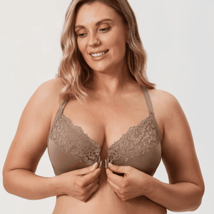 Front view of taupe full cup underwired bra with lace upper cups and front clasp - MissFine