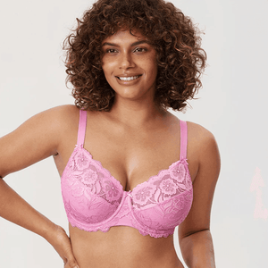 Front view of candy pink full cup underwired bra with lace overlay and plunge neckline - MissFine