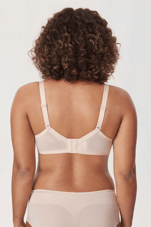 Back view of nude bra with hook-and-eye back closure and adjustable shoulder straps - MissFine