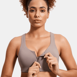 Side view of turquoise zip front sports bra showing smooth seamless cups and full coverage neckline - MissFine