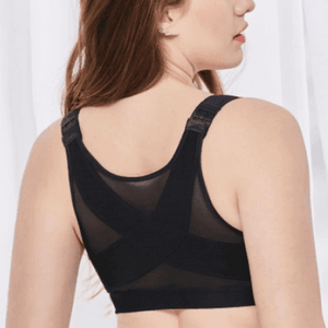 Front view of black plus size front closure sports bra with wide straps - MissFine