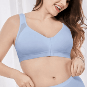 Front view of light blue seamless wireless full cup bra with six front closures - MissFine