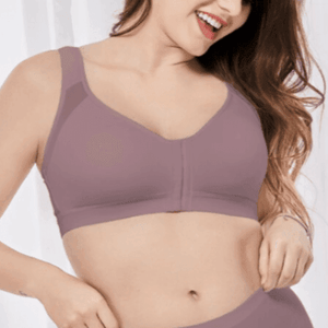 Front view of dark brown plus-size wireless front closure bra with wide straps - MissFine
