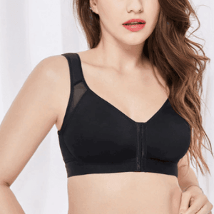 Side angle showing wide straps, high back and smooth plus size sports bra fit - MissFine