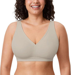 Front view of gray-green seamless full coverage bra with molded cups on model - MissFine