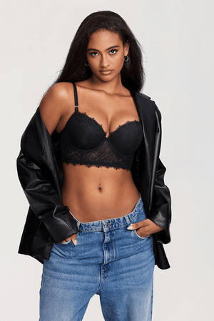 Back view of black longline bra with wide lace band and triple hook-and-eye closure for support - MissFine